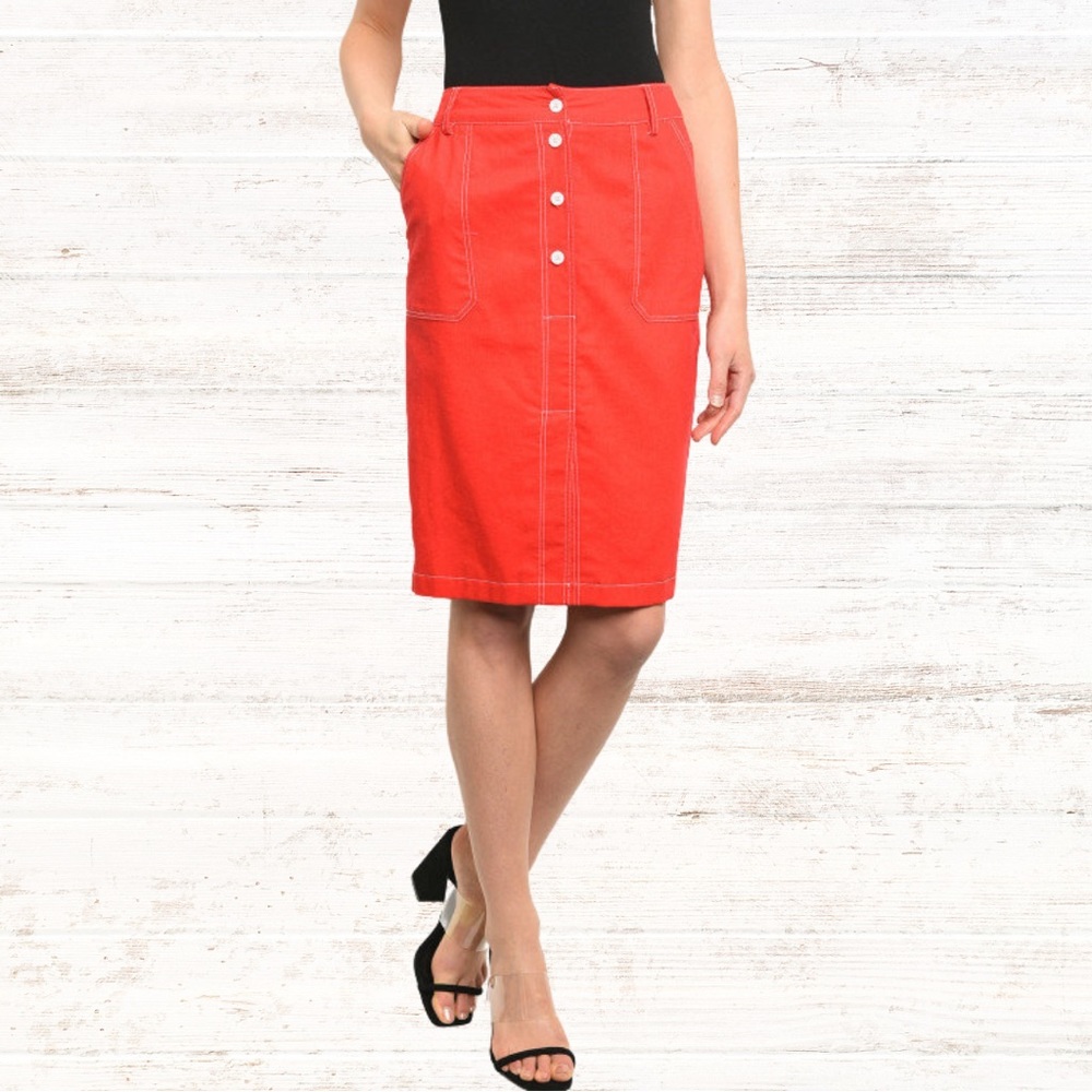 SALE Red Soft Denim Linen Pencil Skirt Button Up Pockets Cotton S M L